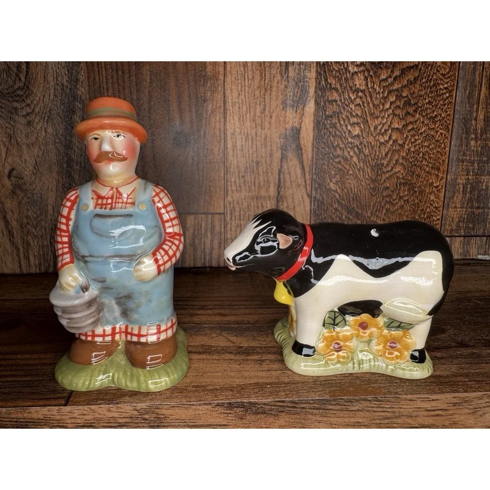 Cracker Barrel Salt Pepper Shakers Farmer‎ Cow Ceramic Farmhouse Country Set